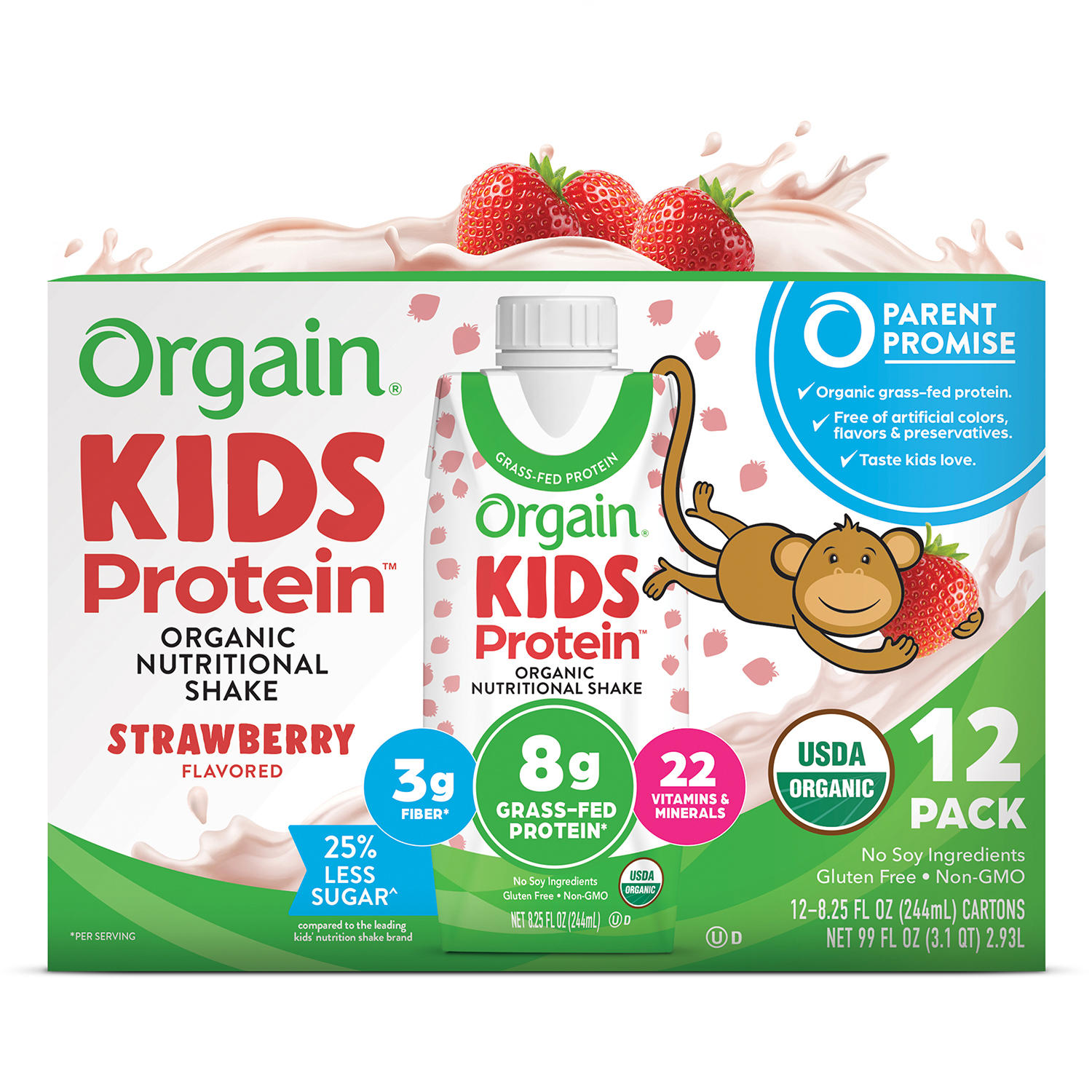 Orgain Kids 8g Grass-Fed Protein Organic Nutritional Shake, Strawberry 8.25 fl. oz., 12 pk.