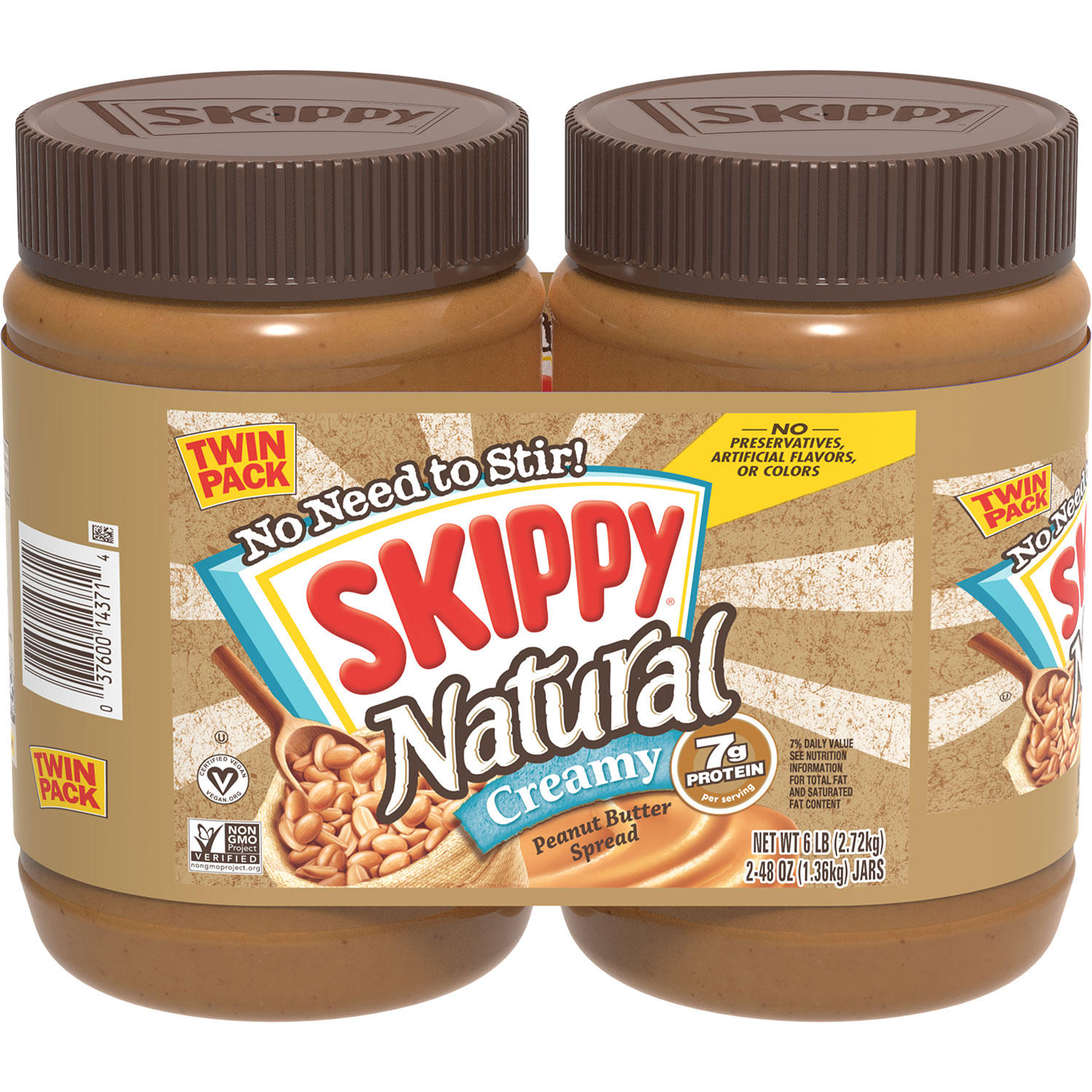 Skippy Natural Creamy Peanut Butter Spread, 48 oz., 2 pk.