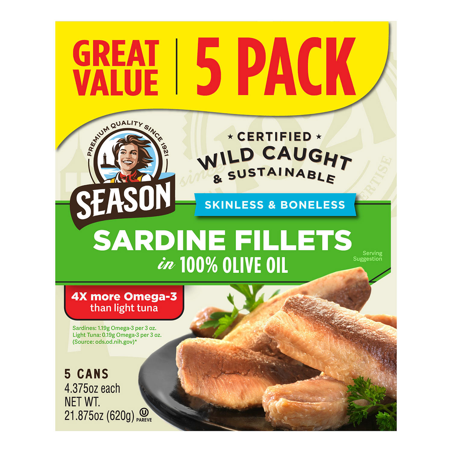 Season Skinless, Boneless Sardines in Olive Oil, 4.375 oz., 5 pk.