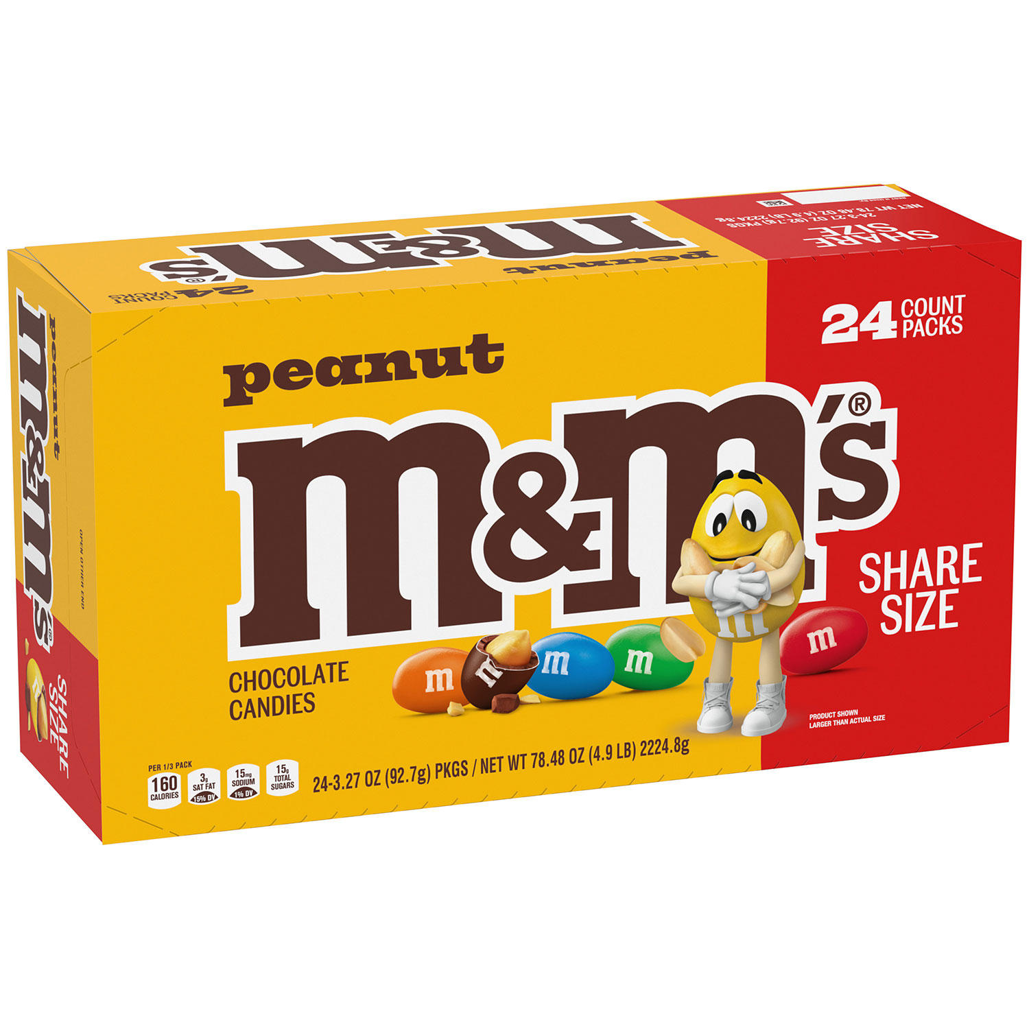 M&M'S Peanut Milk Chocolate Candy, Share Size, 3.27 oz., 24 pk.